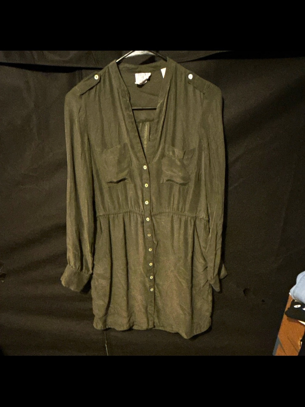 Button-Front Olive Green Midi Shirt Dress 100% silk.